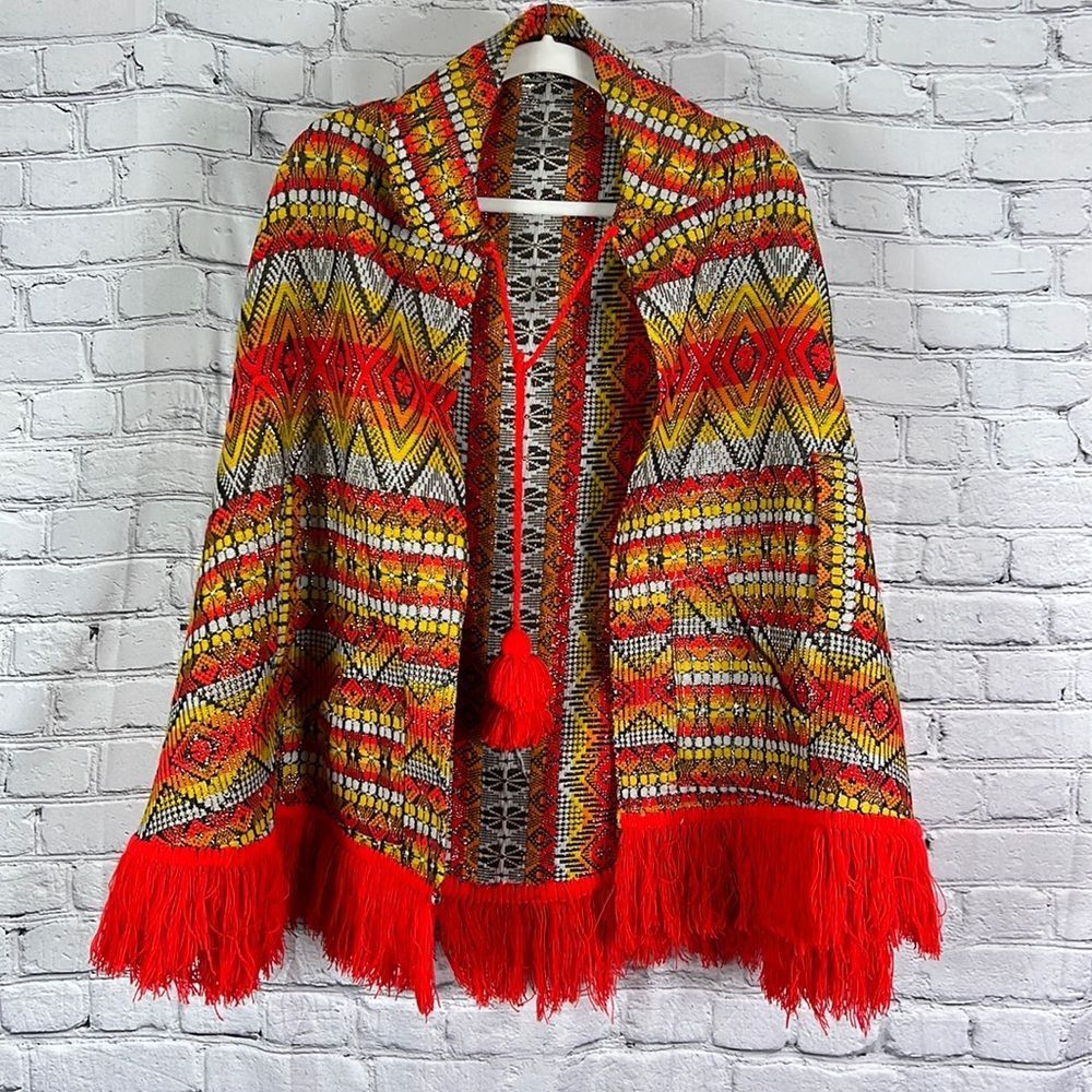 Vintage poncho fringe metallic orange yellow one size fits most